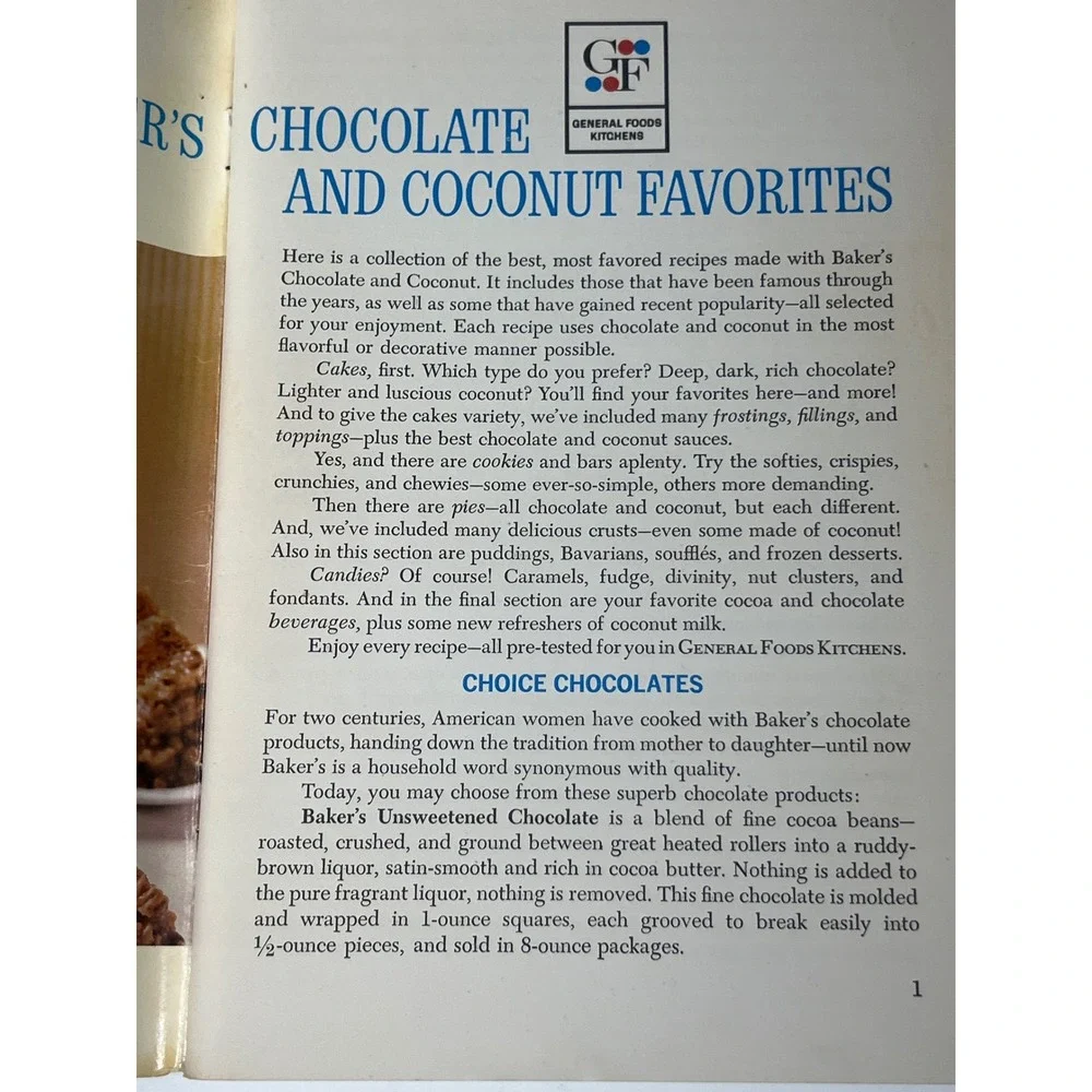 Baker's‎ Chocolate and Coconut Favorites Cookbook General Foods Kitchens 1962